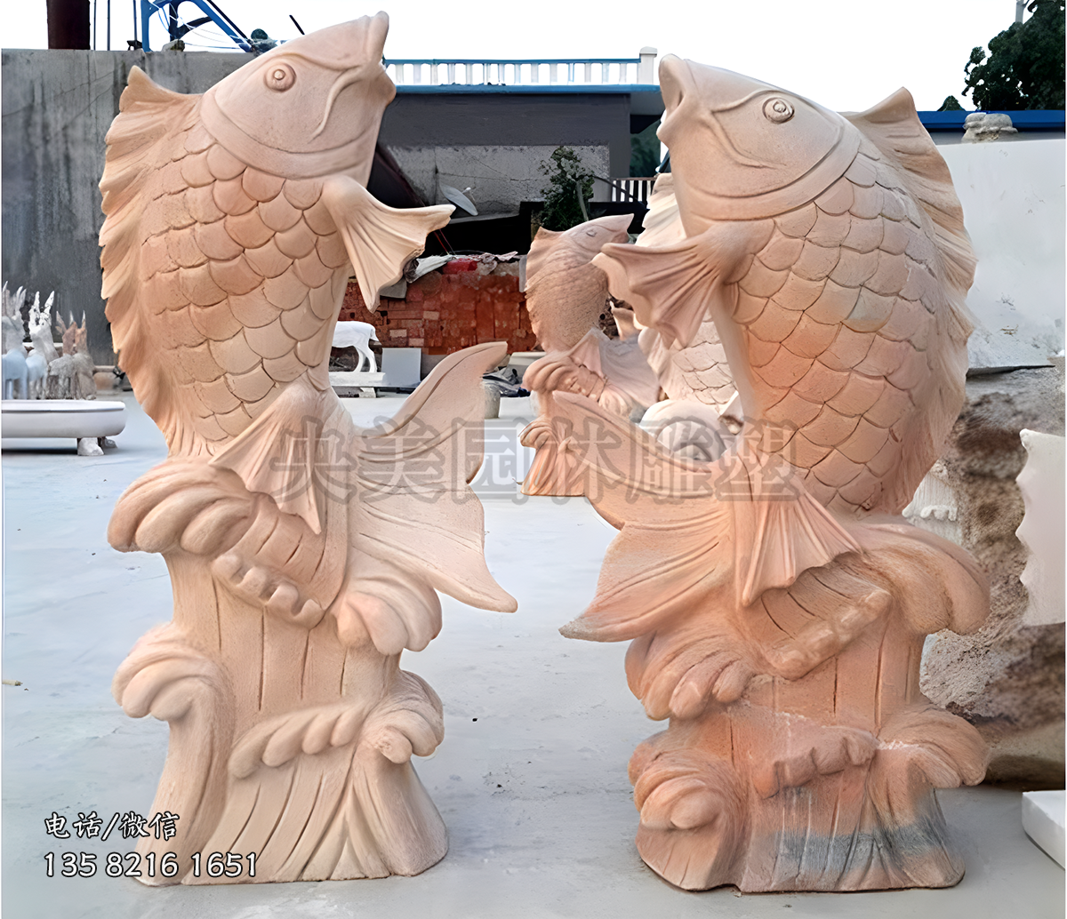 噴水魚晚霞紅石雕