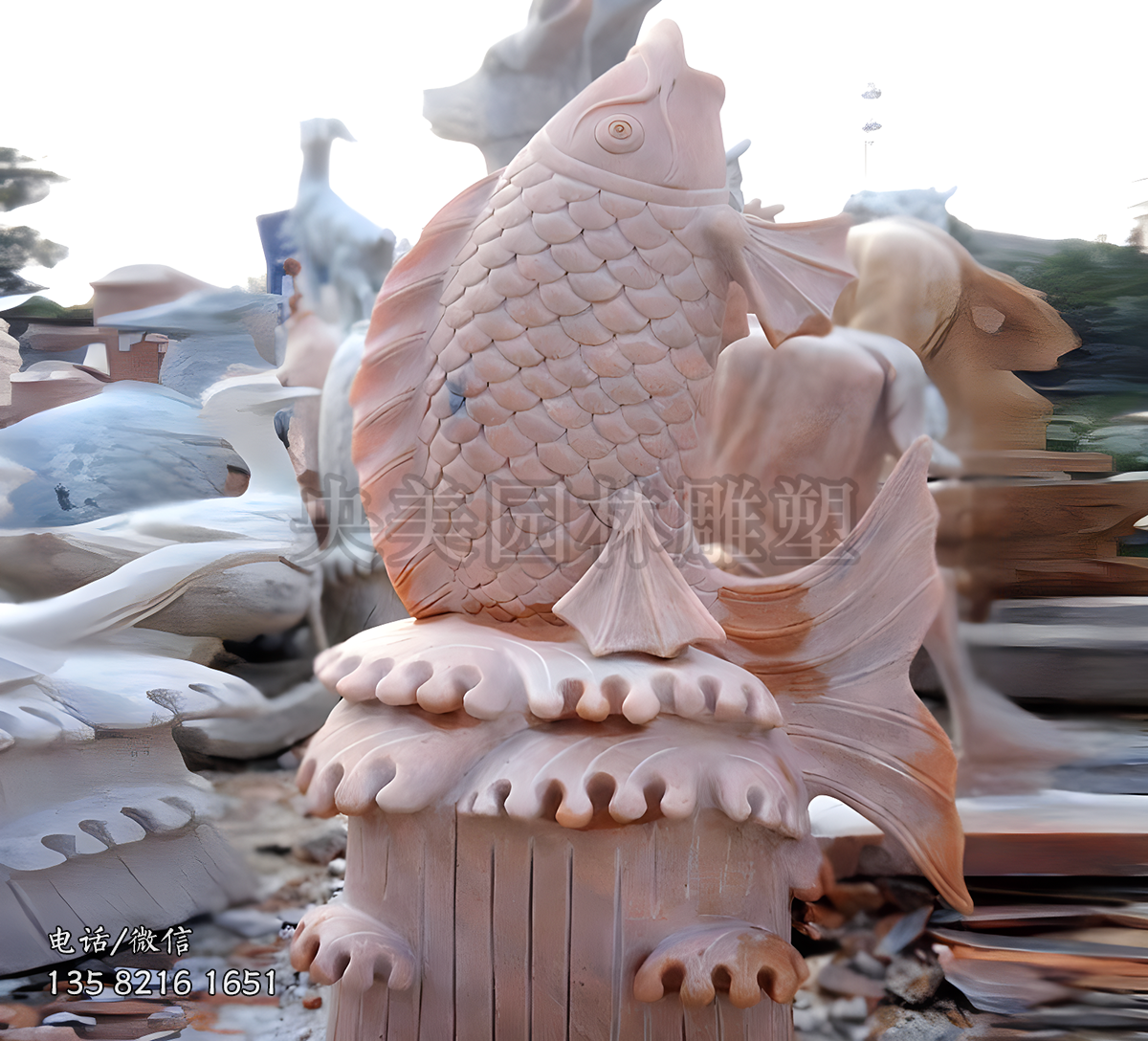 躍水鯉魚晚霞紅石雕雕塑
