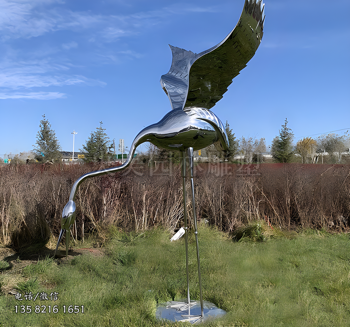 展翅低頭的鏡面不銹鋼仙鶴雕塑