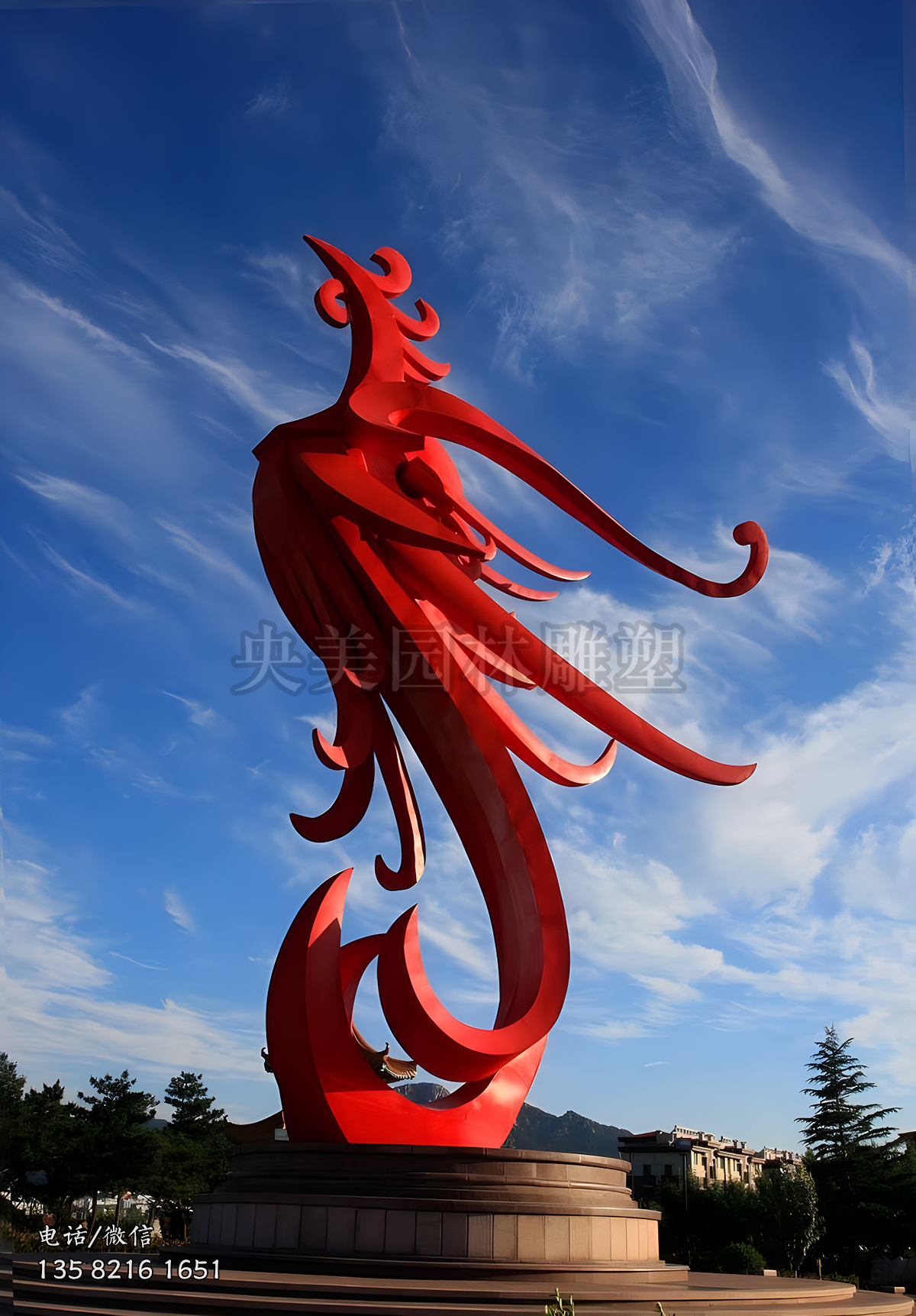 紅色不銹鋼鳳凰雕塑