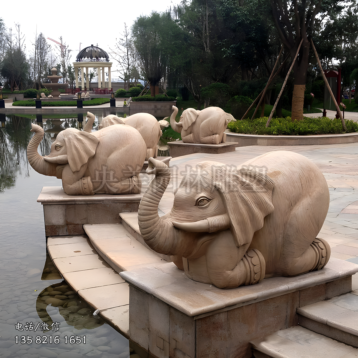 跪姿吐水石雕小象