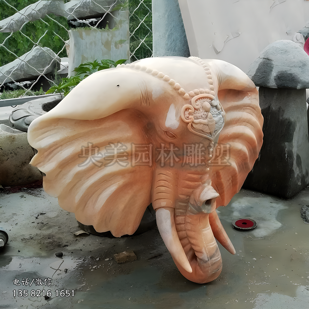 噴水晚霞紅大理石石雕大象頭掛件