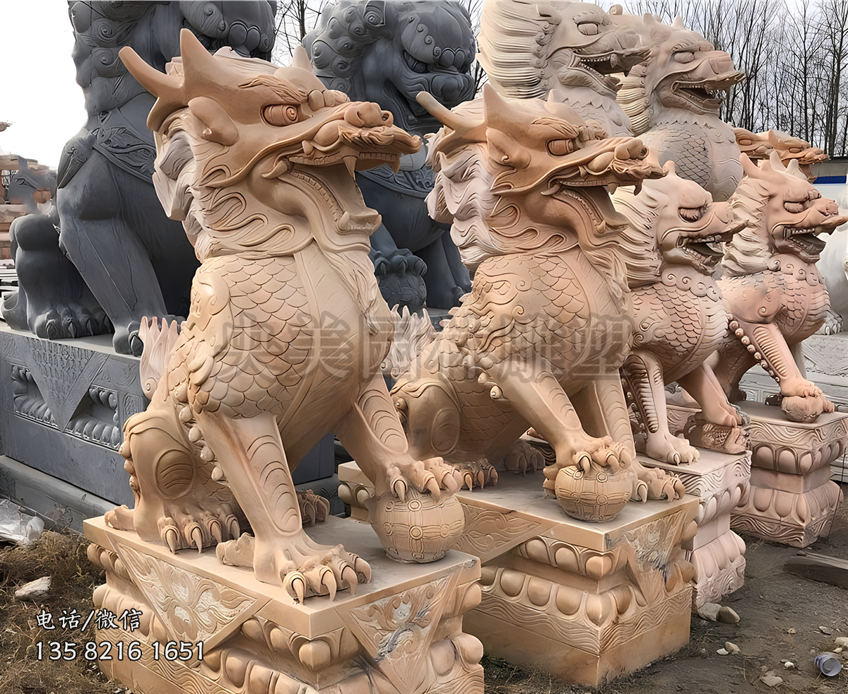 大理石晚霞紅瑞獸麒麟雕塑