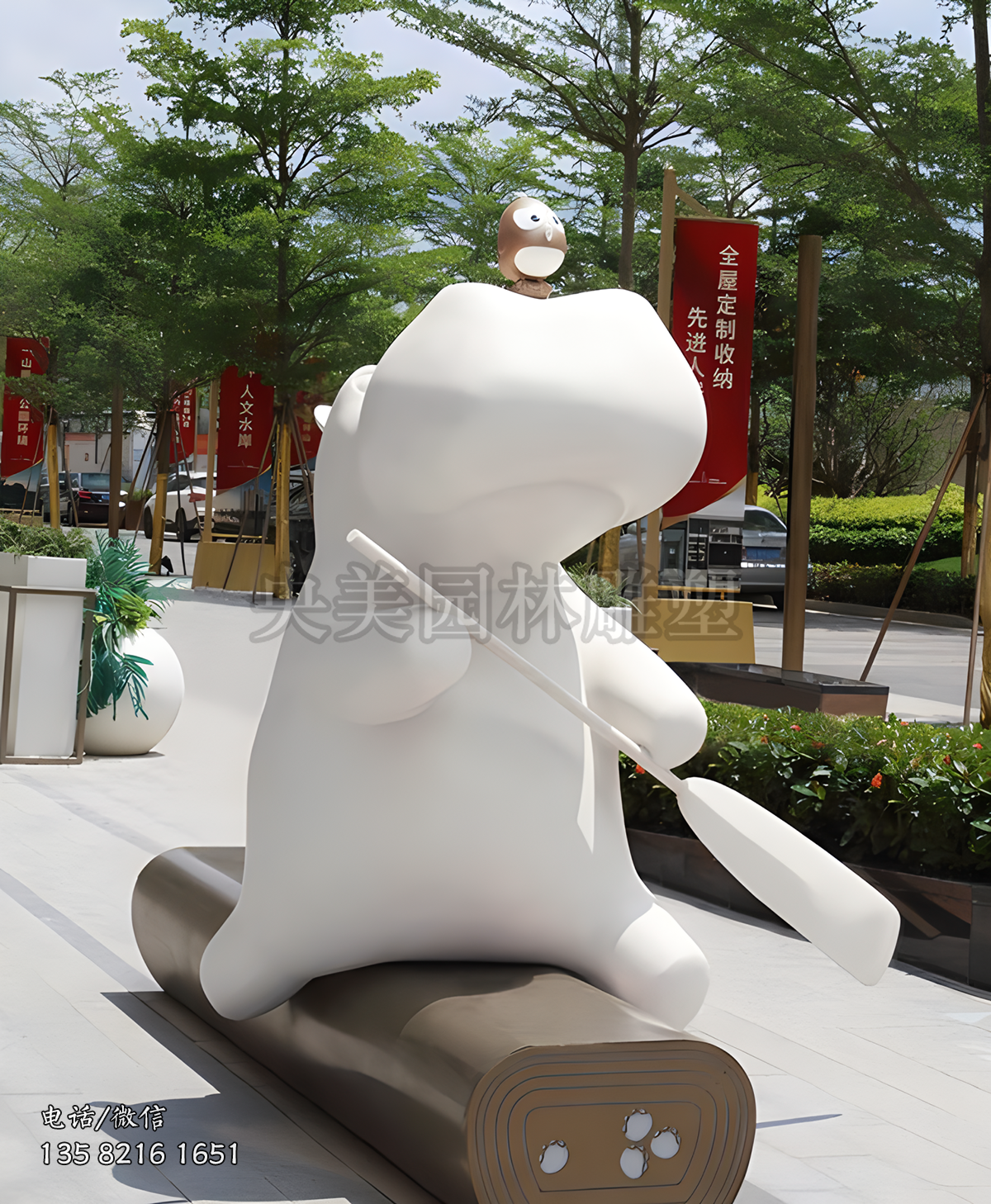 玻璃鋼卡通造型劃船的河馬雕塑