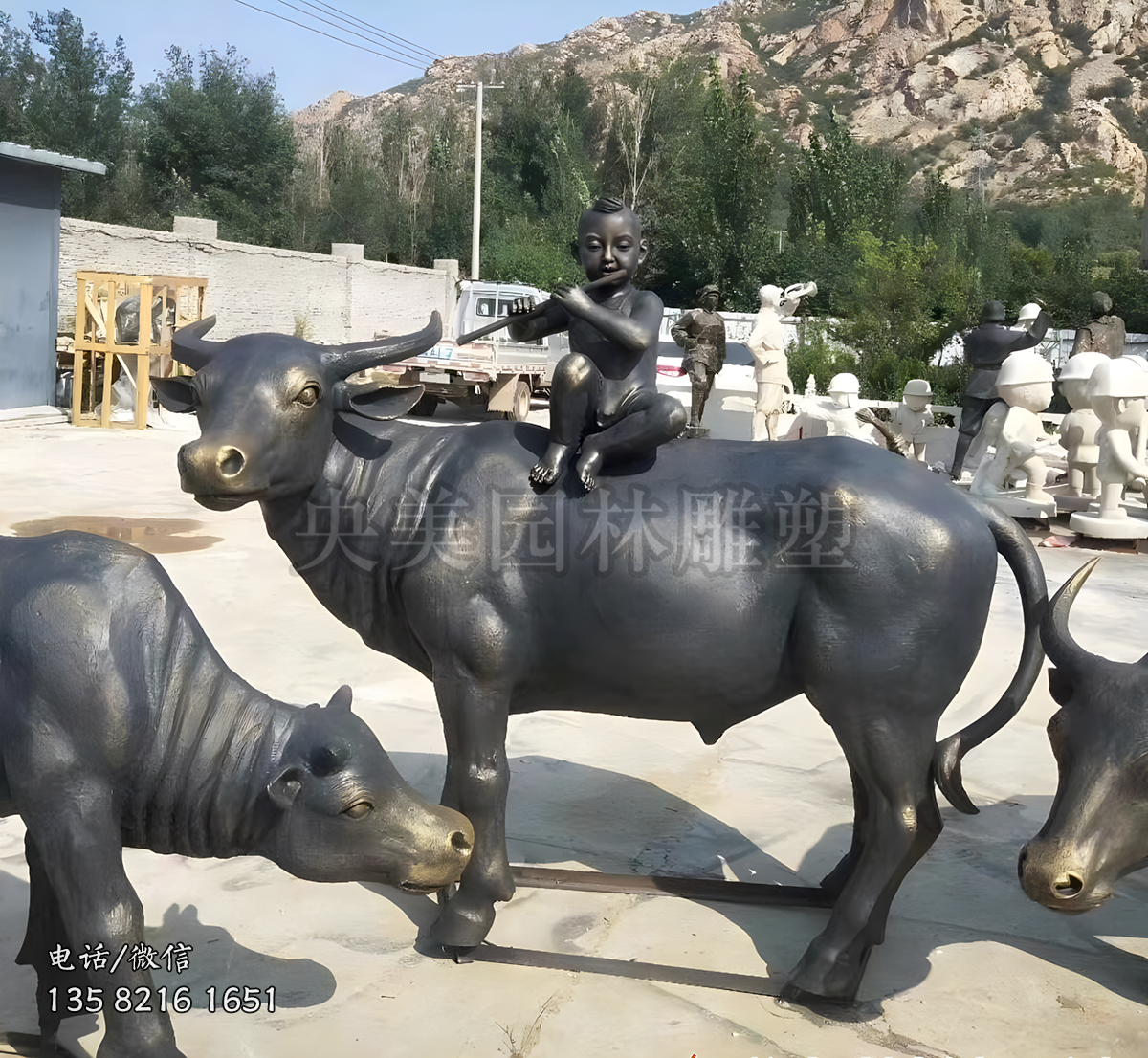 仿銅牧童騎牛雕塑