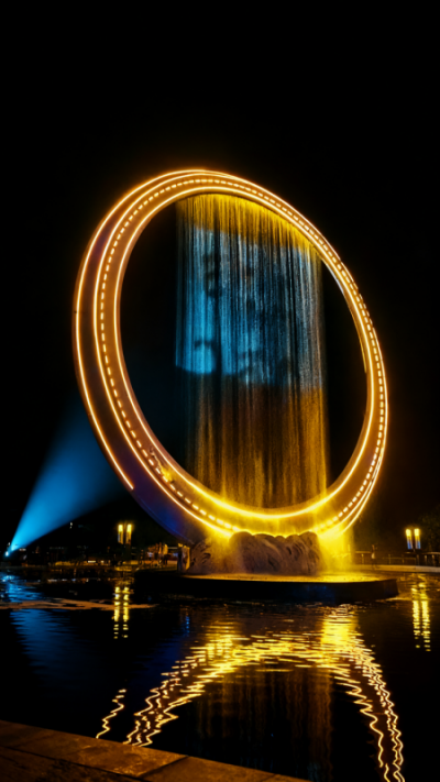 鏤空發(fā)光不銹鋼水幕圓環(huán)雕塑