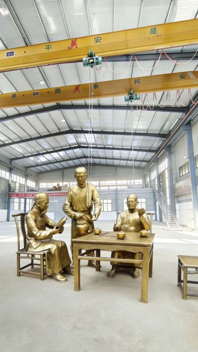 古代的喝茶人物銅雕